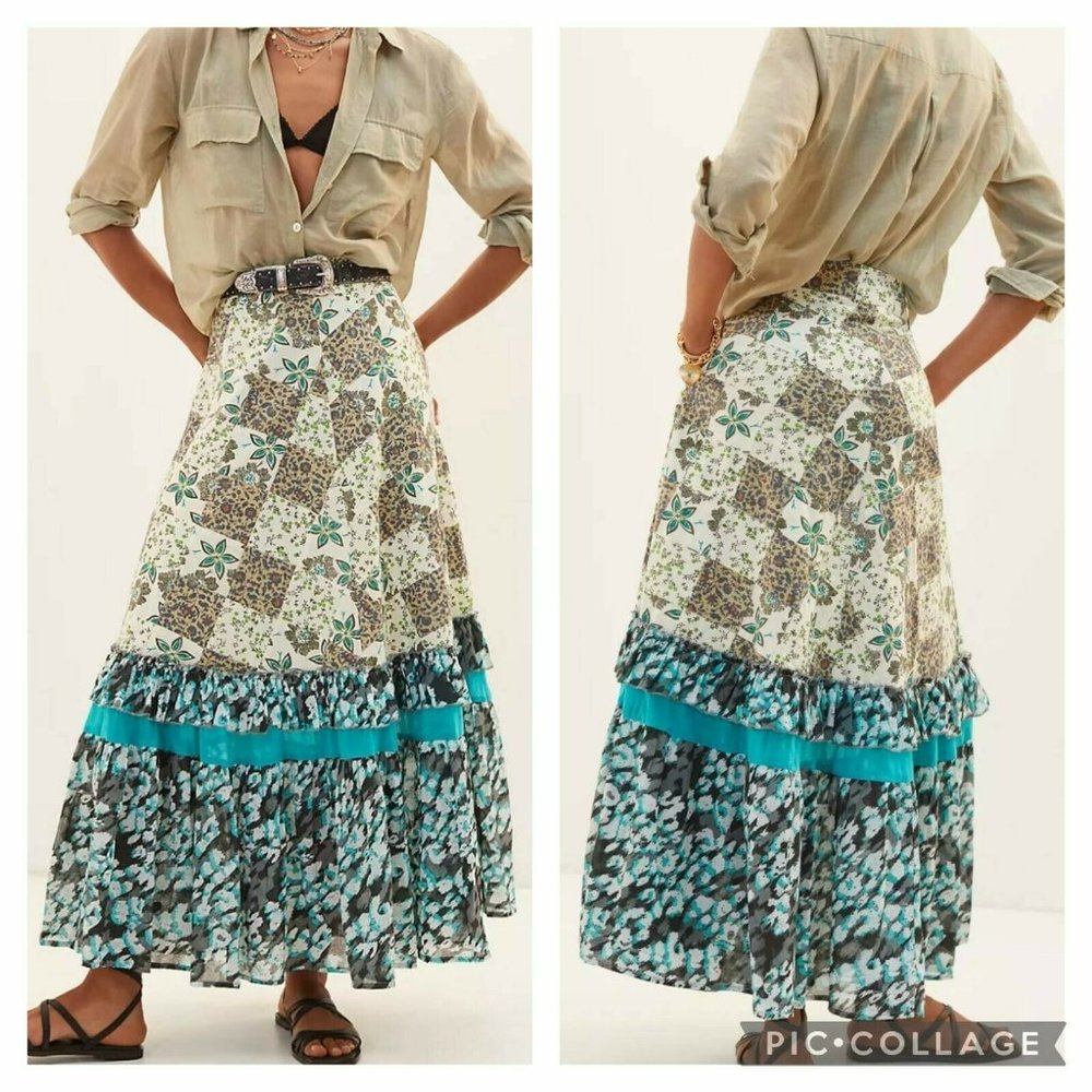 $170 Anthropologie Raga Size M Floral Patchwork Ruffle Lined Maxi Skirt Boho